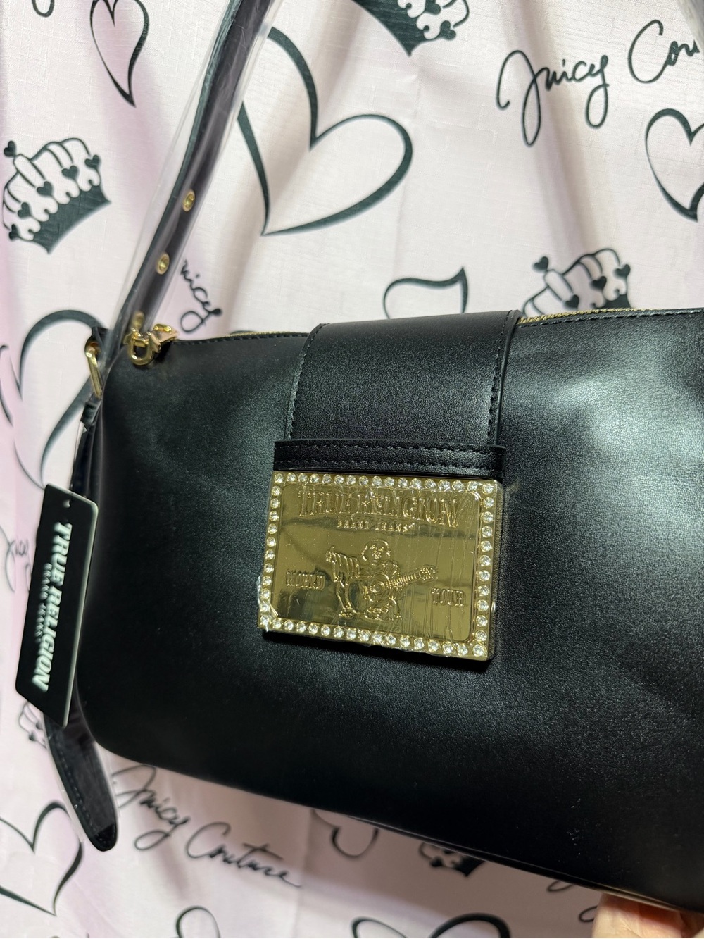 True Religion Black Studded Shoulder Bag with Gold Plaque - Picture 2 of 7